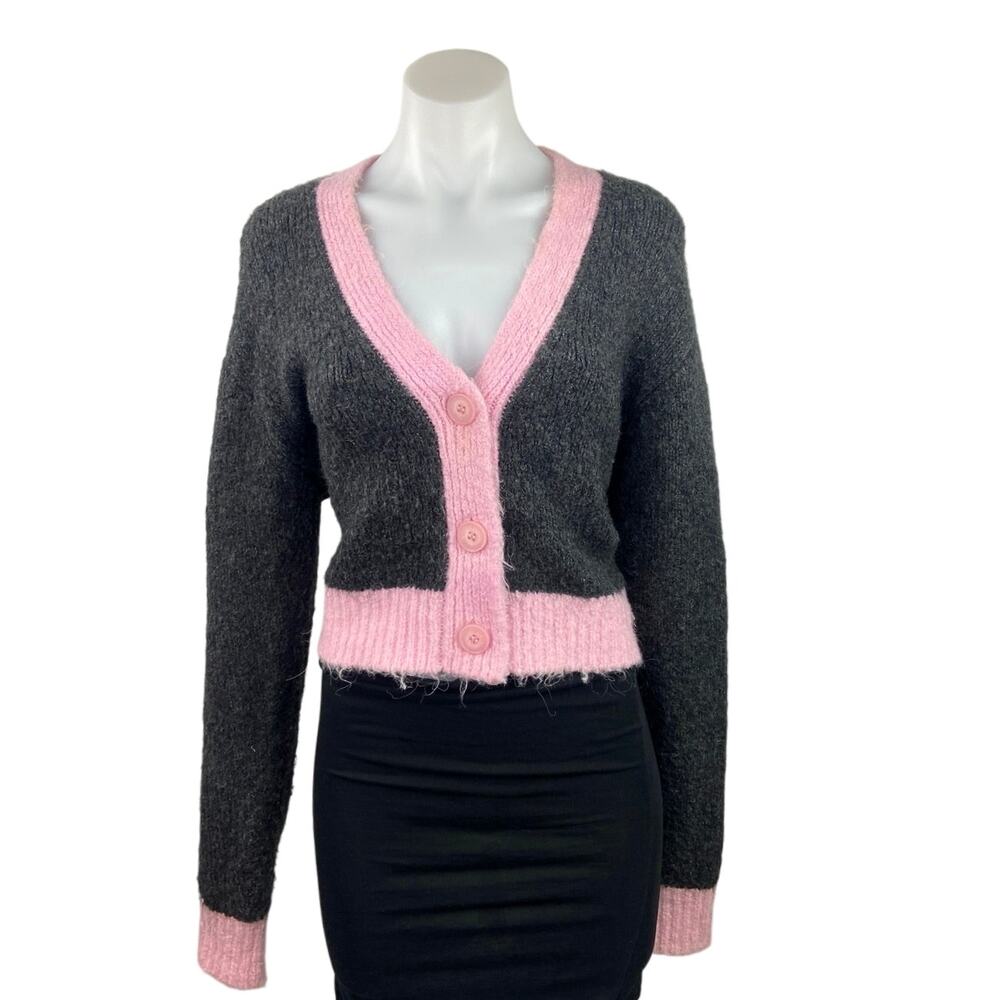 Zara Gray Pink Trim V-Neck Chunky Knit Long Sleeve Colorblock Cardigan Sweater S